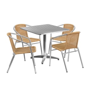 999-M245 31 1/2" Square Patio Table & (4) Beige Rattan Arm Chair Set - Stainless Top, Aluminum Base