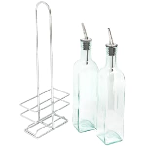 229-H916N 16 oz Cruet Set w/ Chrome Rack & Stainless Steel Pourers - Glass, Green Tint