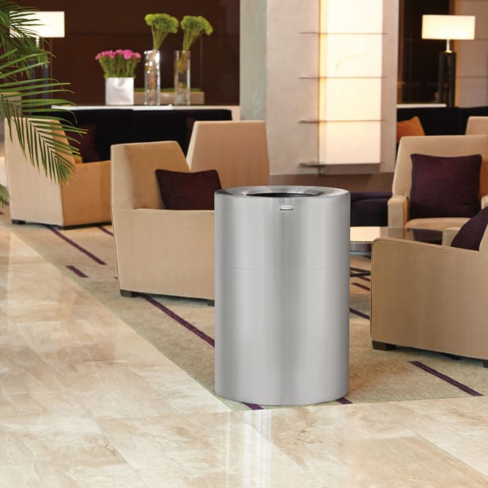 Rubbermaid Fgaot62sa 62 Gal Indoor Decorative Trash Can Metal Satin Aluminum The cans with their large construction are absolutely perfect for storing a large number of pieces of trashes produced by several industries. katom restaurant supply
