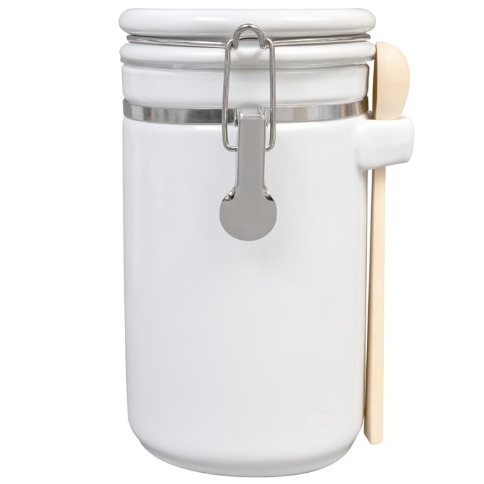 Anchor 03806WMR 4 Piece Ceramic Canister Set w/ Wood Spoon & Clamp Top Lid,  White