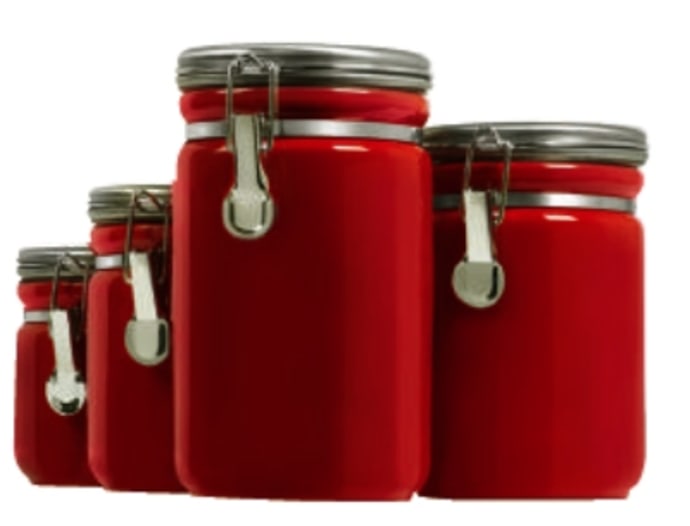 Anchor 03923RED 4 Piece Ceramic Canister Set w/ Clamp Top Lid, Red