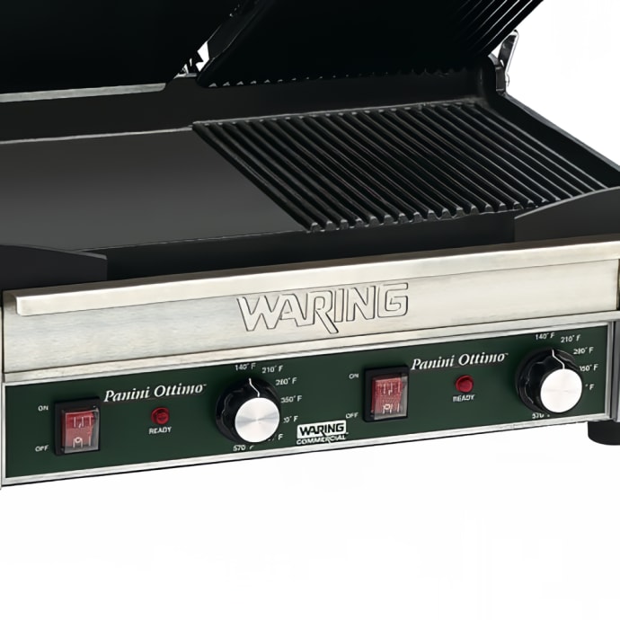 Waring WDG300 Double Commercial Panini Press w/ Cast Iron Grooved & Smooth  Plates, 240v/1ph