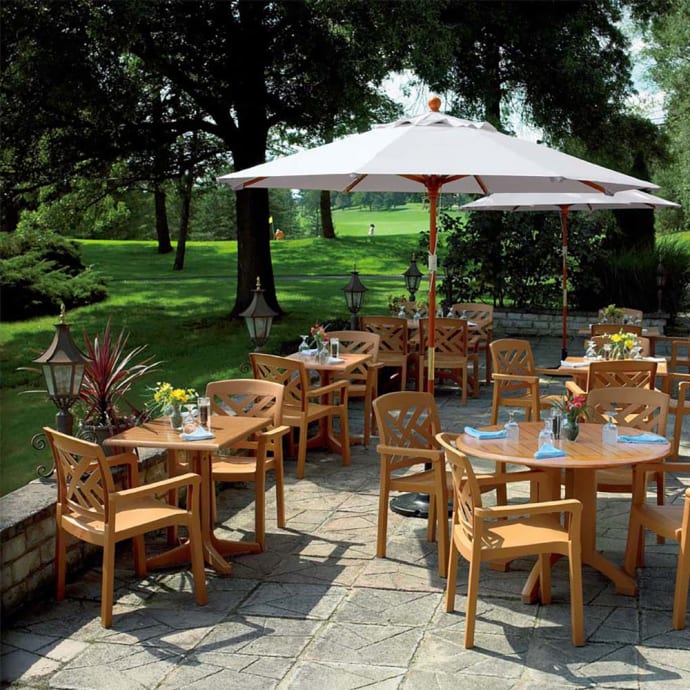 Grosfillex Ut380008 42 Round Atlanta Outdoor Table W Umbrella Hole Melamine Teakwood