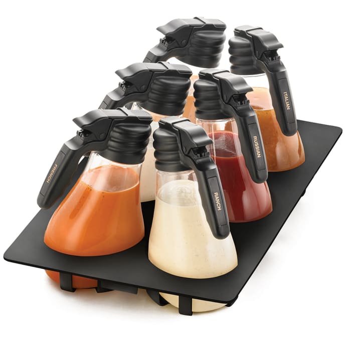 Tablecraft N481BK Salad Dressing Set w/ 6 Dispensers & Black Tray