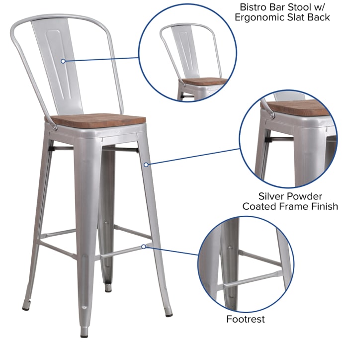 Flash Furniture CH-31320-30GB-SIL-WD-GG Bar Stool w/ Curved