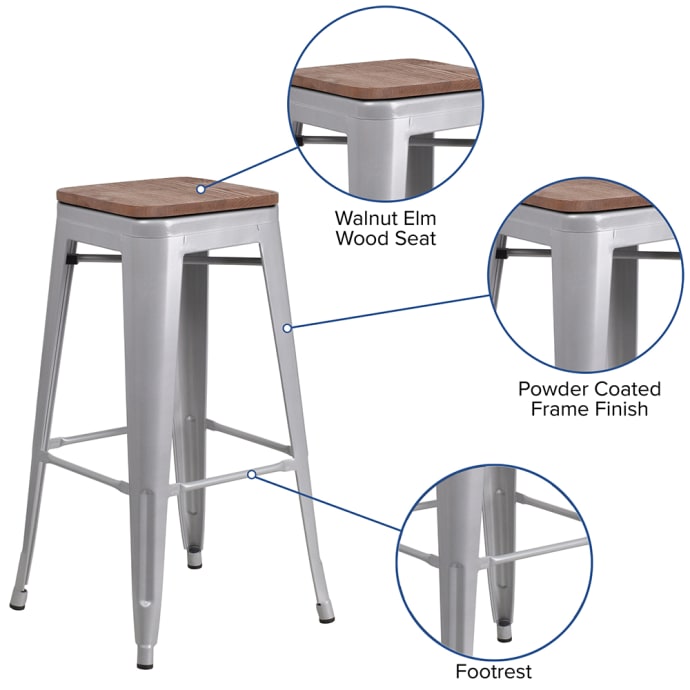 Flash Furniture CH-31320-30-SIL-WD-GG Backless Bar Stool w Flash Furniture CH-31320-30-SIL-WD-GG Backless Bar Stool w