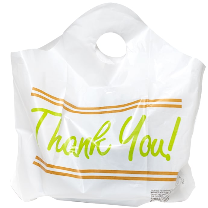 LK Packaging TO165146TY Printed Poly Take Out Bag w/ Handles - 16 