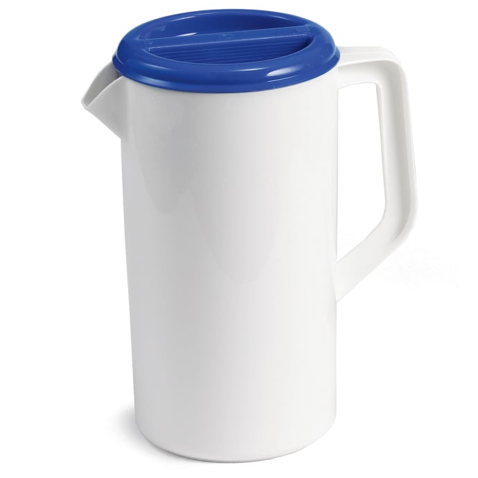 Tablecraft 144W 80 oz Plastic Pitcher w/ Blue Lid, White