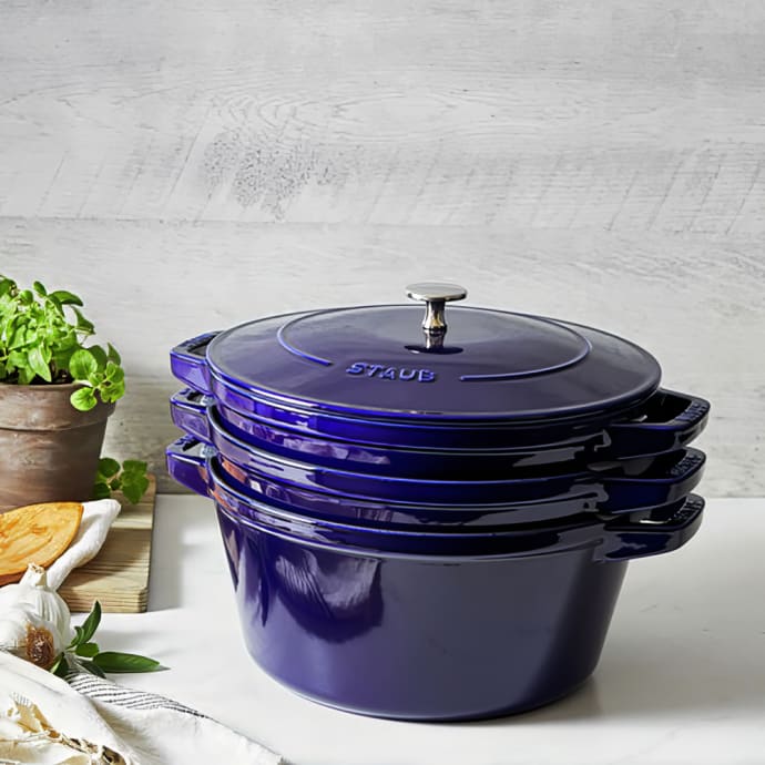Staub 4 Piece Cast Iron Set w/ Universal Lid, Dark Blue (1010769)
