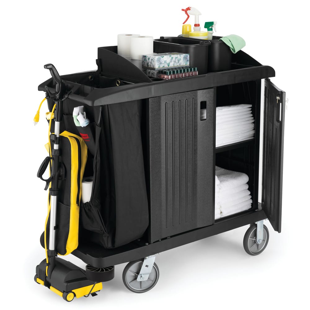Rubbermaid FG619200 BLA Compact Housekeeping Cart w/ Vacuum Holder, 49"L x 22"W x 50"H, Black