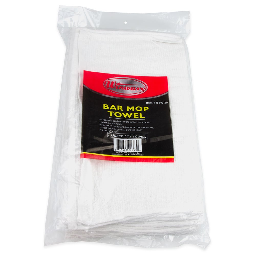 Winco BTW30 White Cotton Bar Towel, 16" x 19"