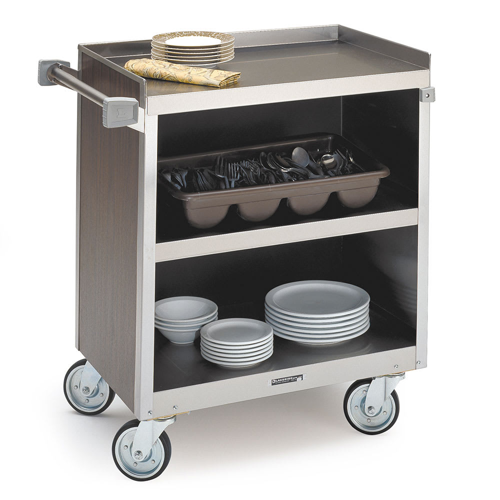 Lakeside 822 WAL 31 1/4"L Metal Bus Cart w/ (3) Levels, Shelves, Walnut