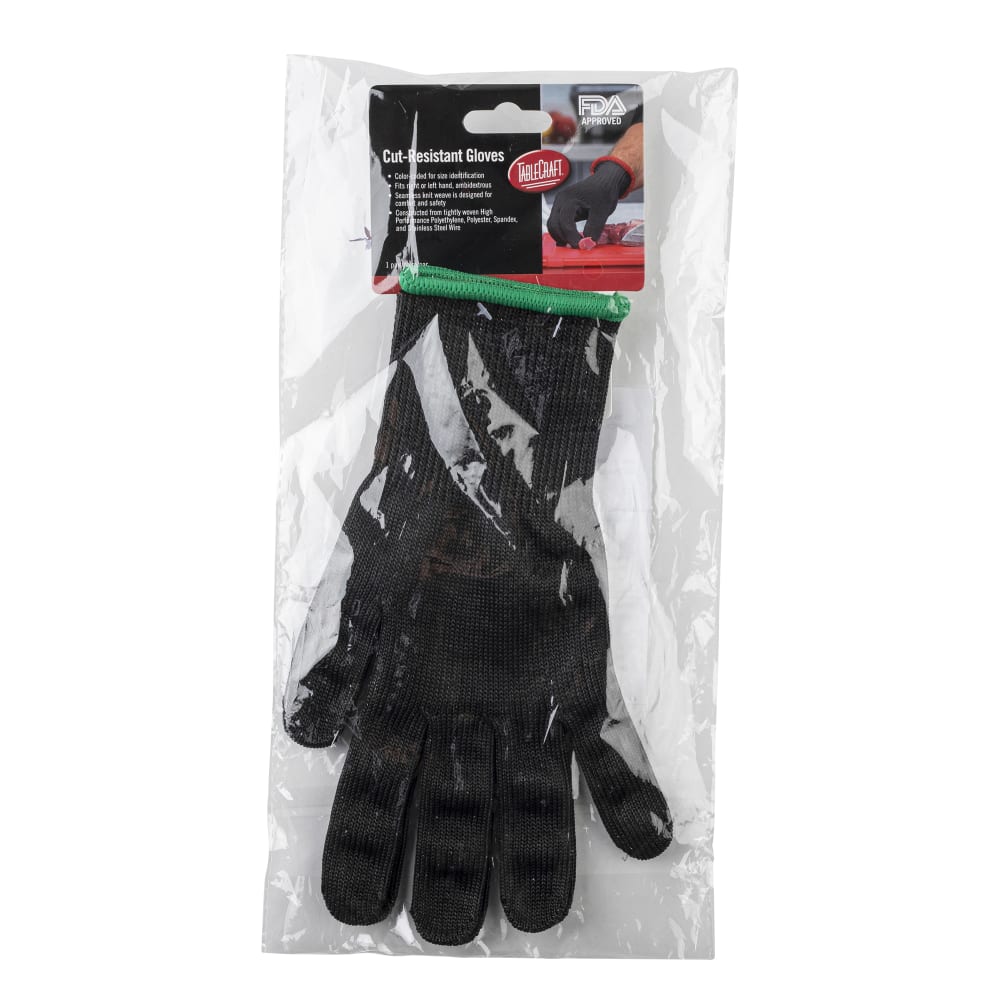 Tablecraft 11209 Medium Cut Resistant Glove, Blended Material, Black w/ Green Wrist Band