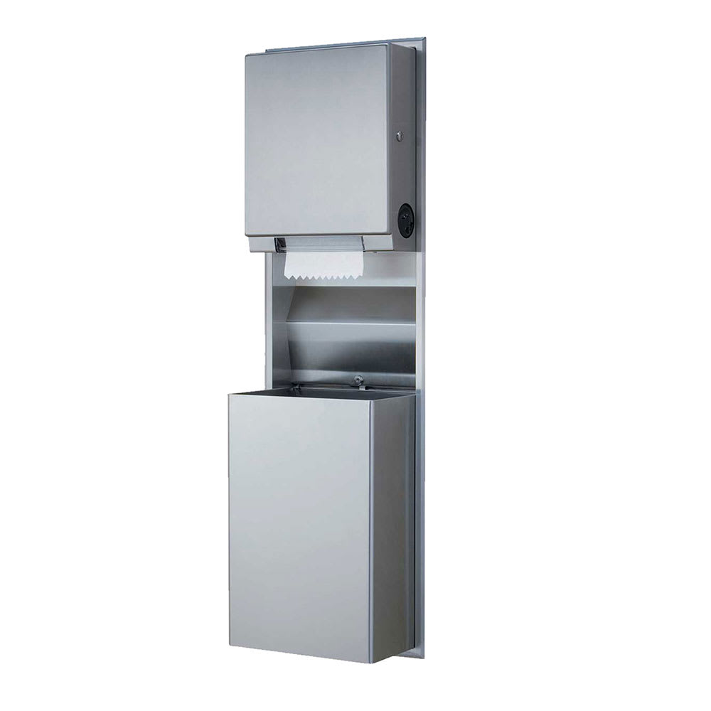 016-B3961 12 gallon Recessed Bathroom Trash Can w/ Paper Towel Dispenser, Stainless