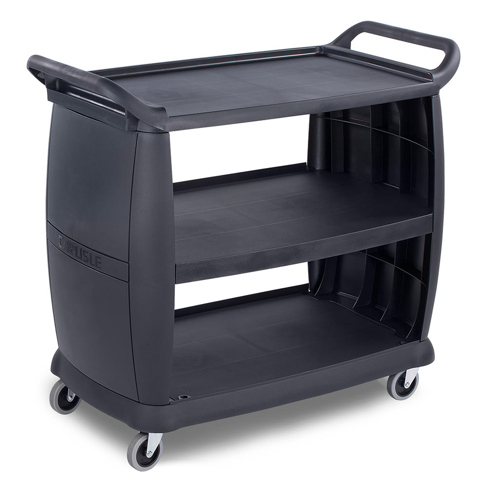 028-CC224303 42"L Polymer Bus Cart w/ (3) Levels, Shelves, Black