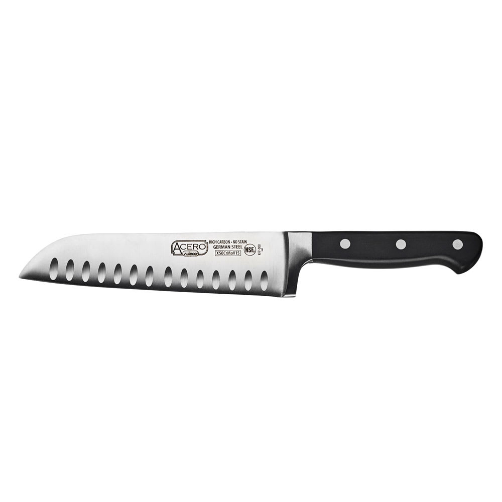 Winco KFP-70 7" Santoku Knife w/ High Carbon German Steel Blade & Black POM Handle