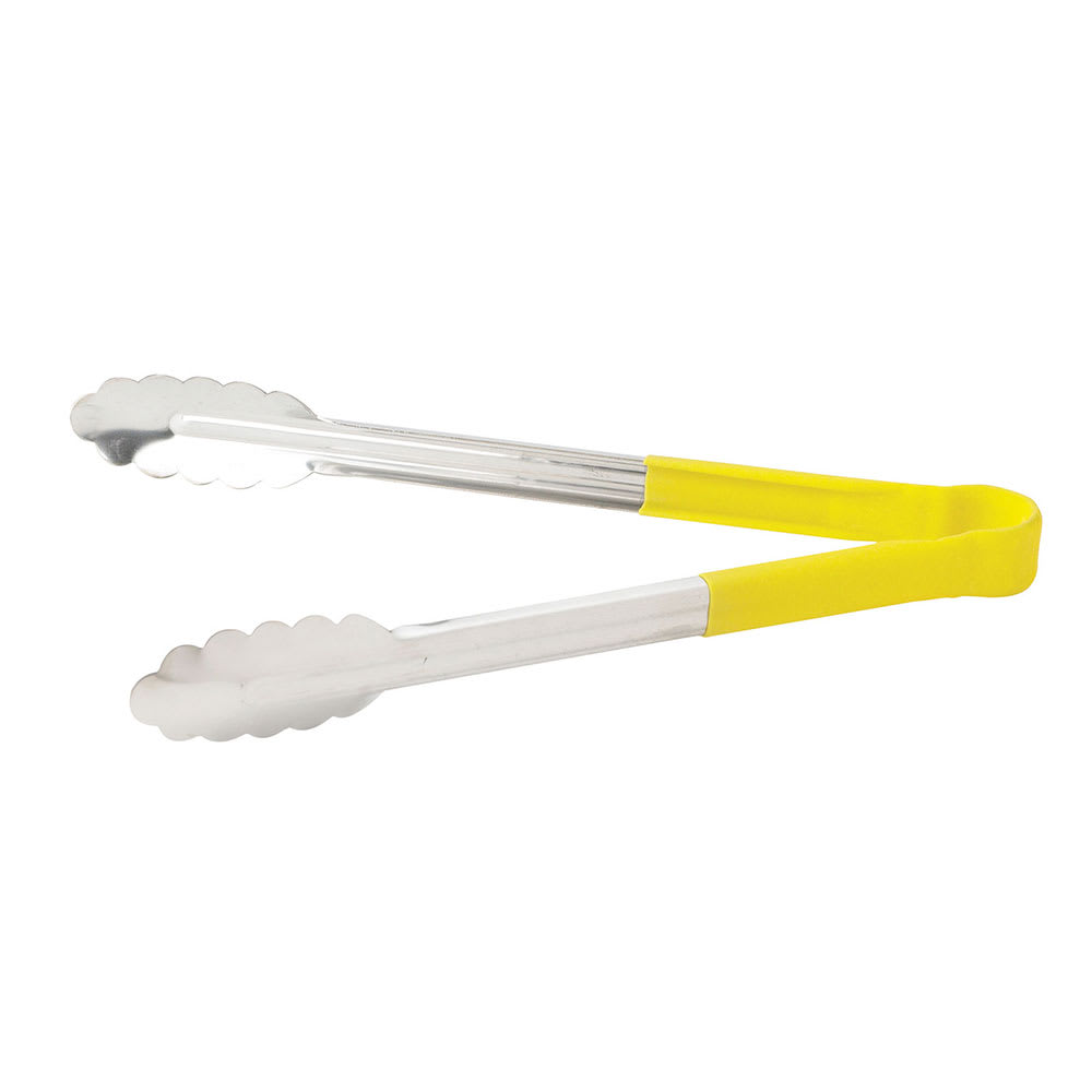 Winco UTPH-12Y 12"L Stainless Utility Tongs, Yellow