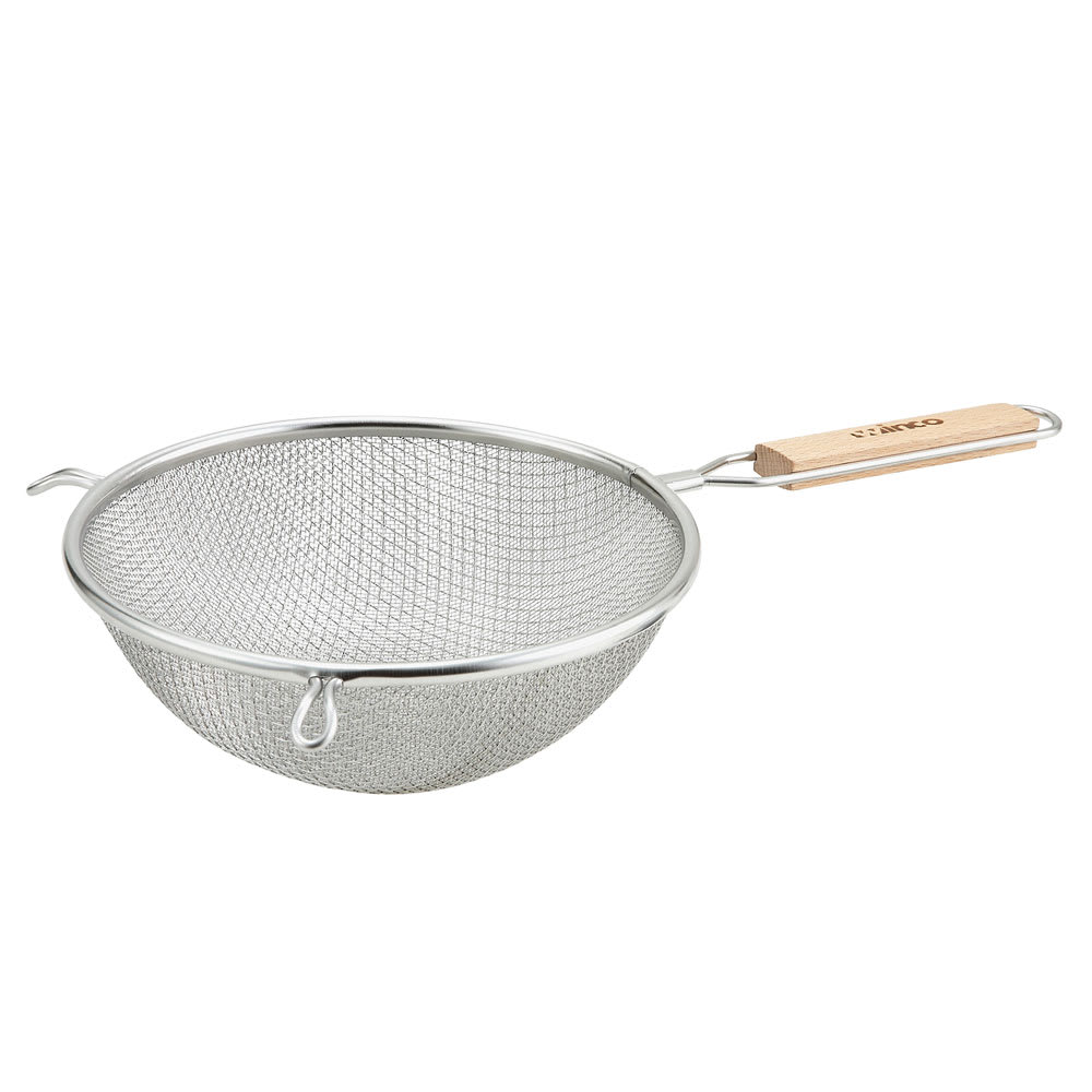 080-MS3A8D 8" Round Strainer w/ Double Fine Mesh & Flat Wooden Handle