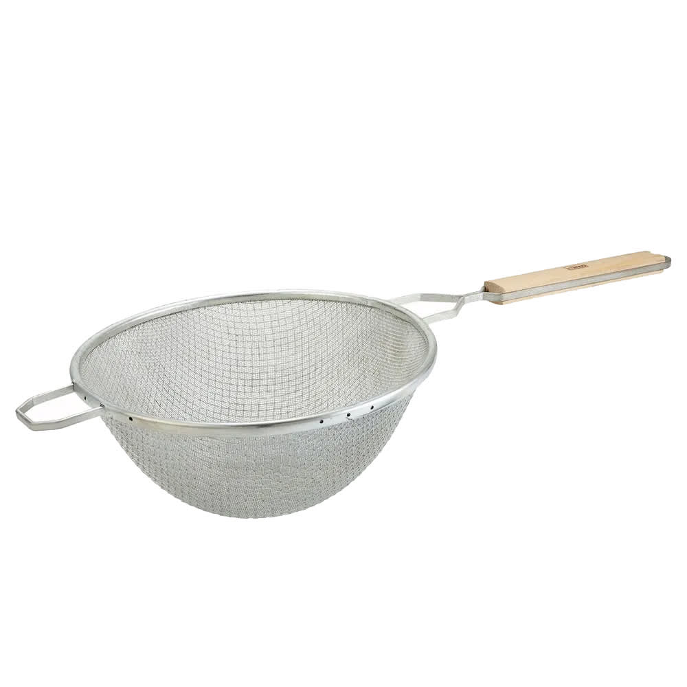 Winco MSTF-10D 10 1/4" Round Strainer w/ Double Tinned Mesh & Wood Handle, Fine
