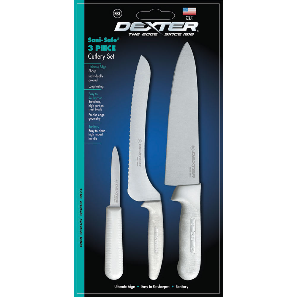 Dexter Russell SS3 SANI-SAFE® 3 Piece Cutlery Set w/ Polypropylene White Handle