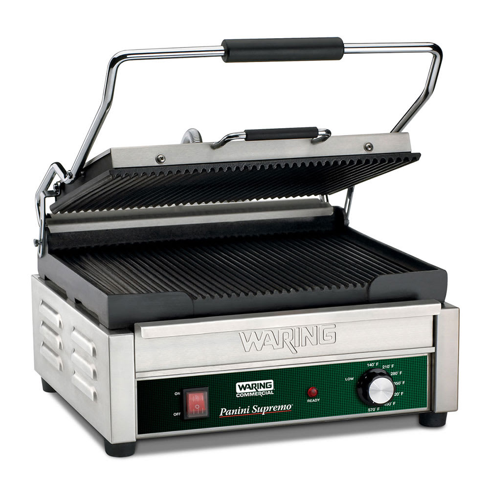 141-WPG250B Single Commercial Panini Press w/ Cast Iron Grooved Plates, 208v/1ph