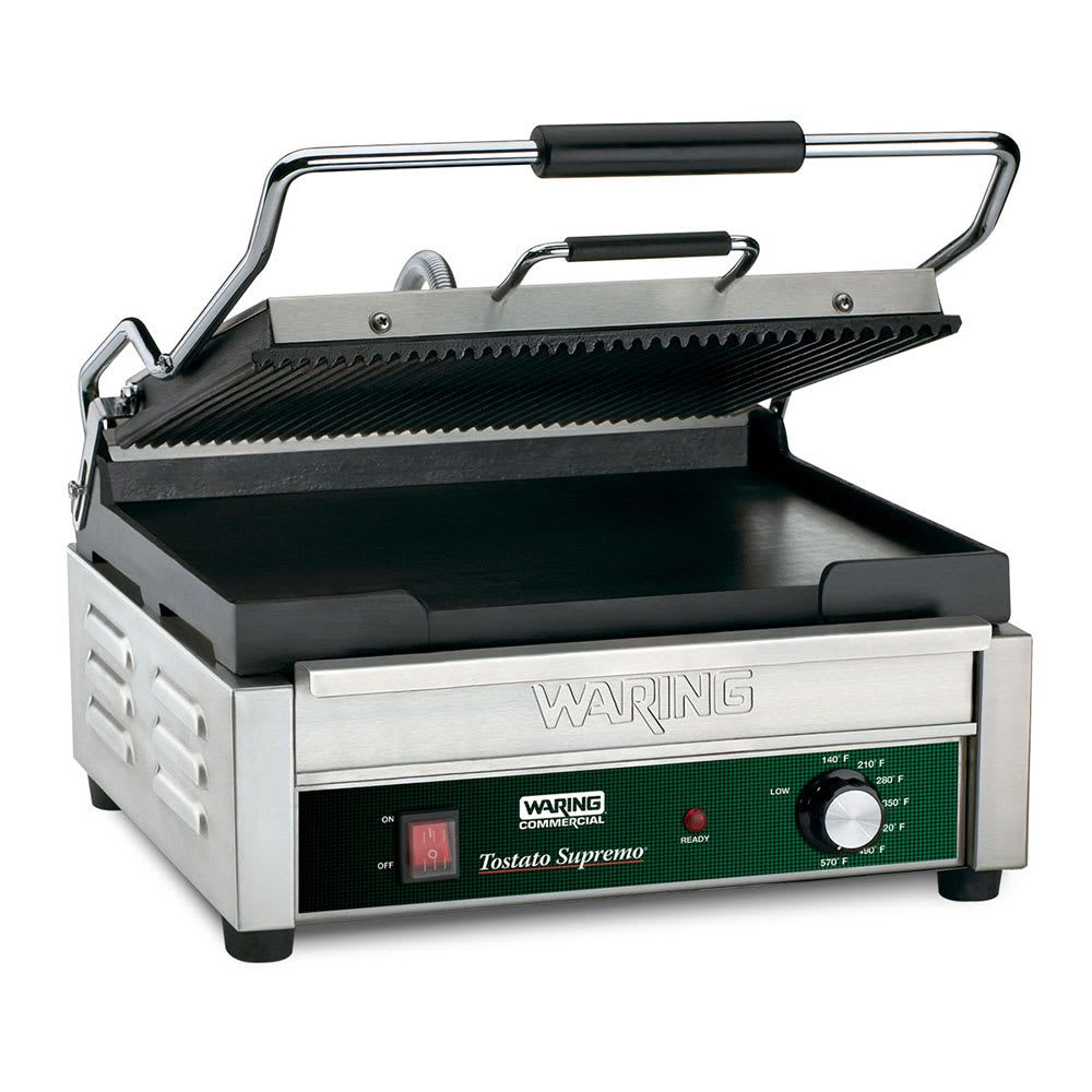 141-WDG250 Double Commercial Panini Press w/ Cast Iron Grooved & Smooth Plates, 120v