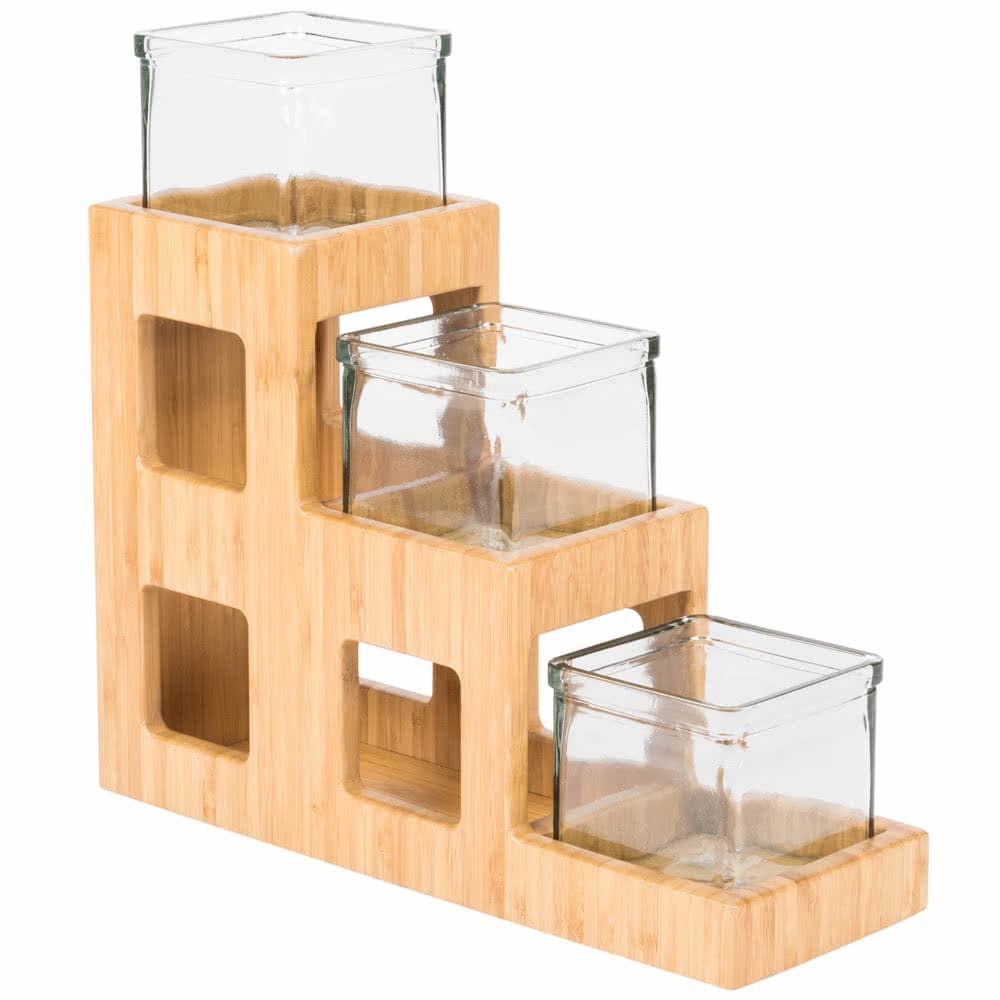 151-1486 Rectangular 3 Compartment Condiment Jar Display - Clear/Beige