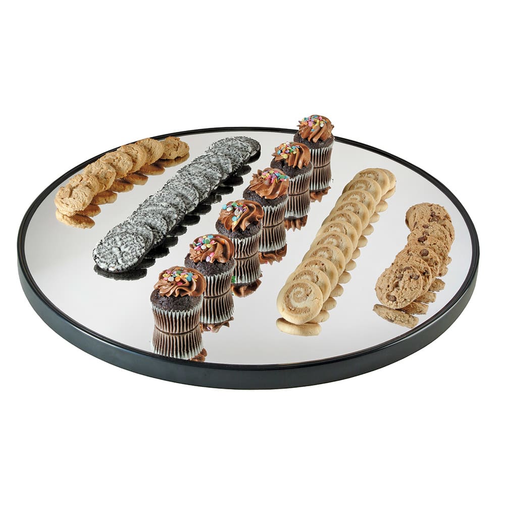 151-RR240 24" Round Gourmet Display Mirror Tray - Black Acrylic, Glass