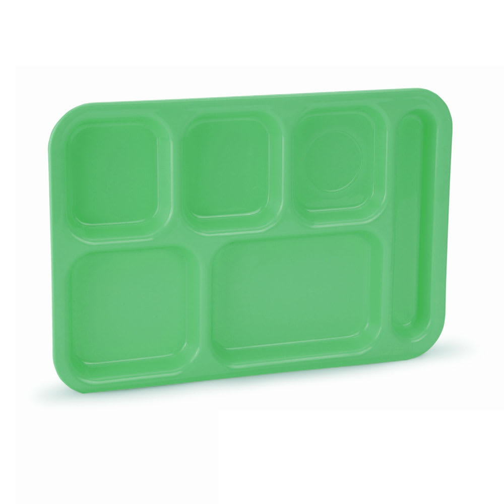 175-2615119 Plastic Rectangular Tray w/ (6) Compartments, 13 3/4" x 9 3/4", Bright Gree...