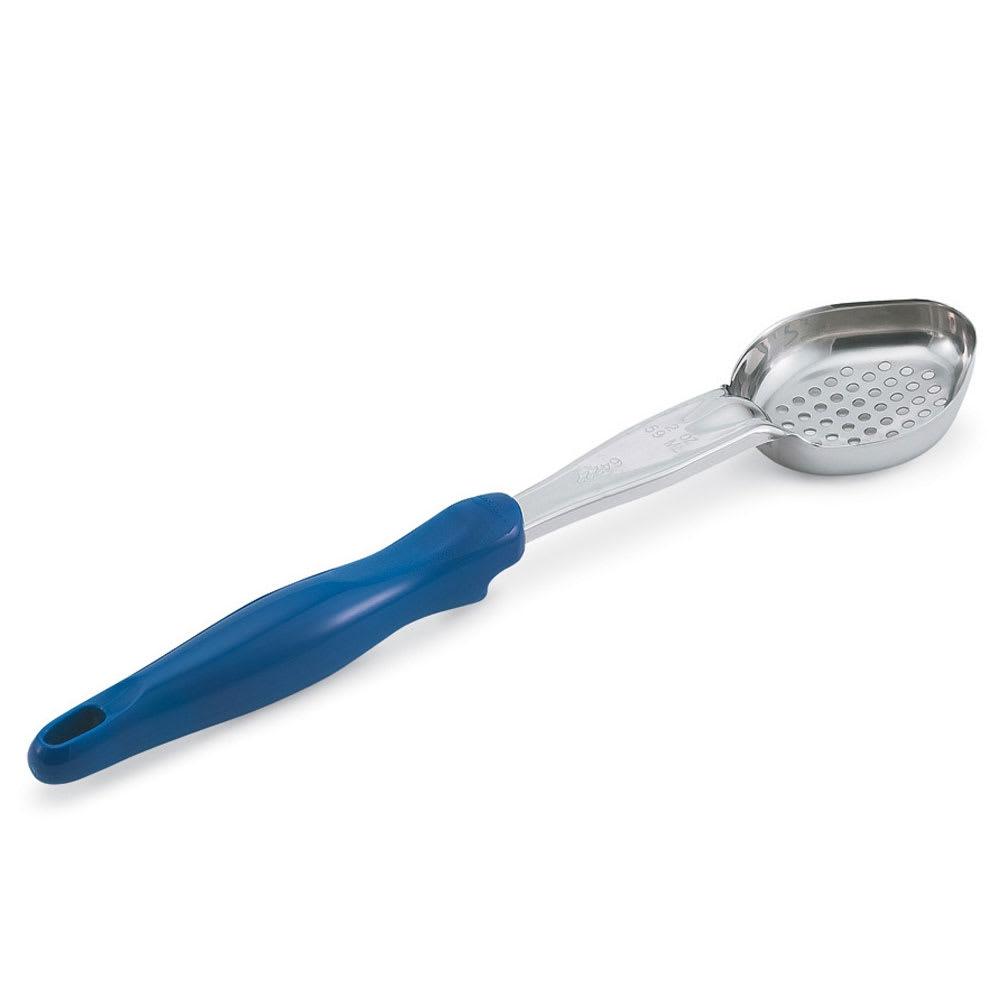 175-6422230 2 oz Oval Perforated Spoodle - Blue Nylon Handle, Heavy-Duty, Stainless Steel