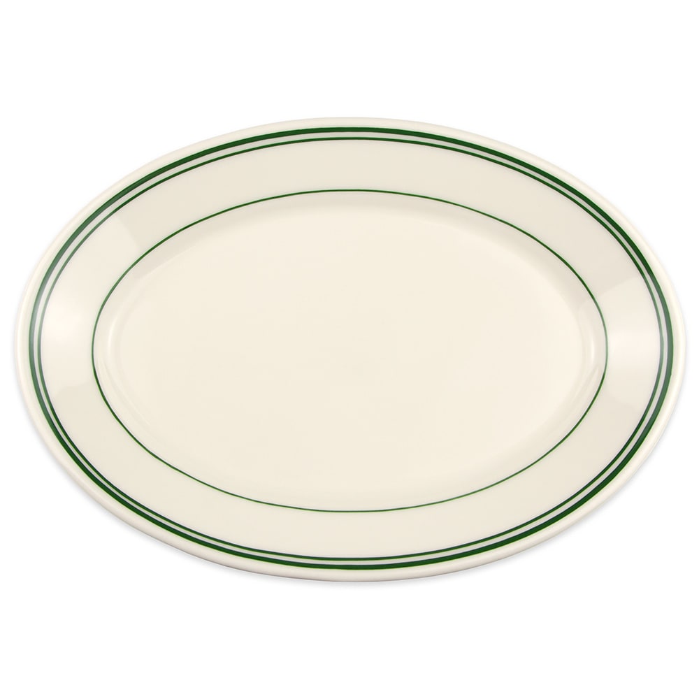 179-1541 10 1/2" x 7 1/4" Oval Platter - China, Ivory w/ Green Band