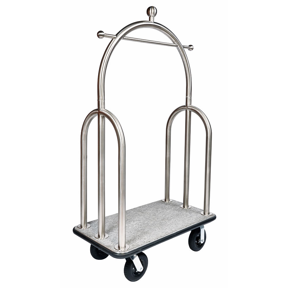 202-3599BK010GRY Upright Hotel Luggage Cart w/ Gray Carpet, Stainless