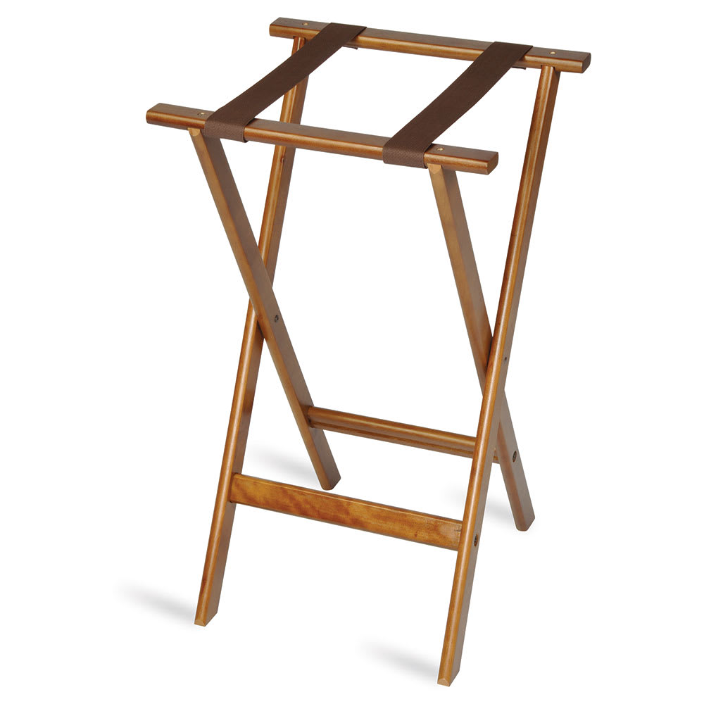 202-1170 30" Flat Tray Stand w/ 2 Brown Straps & Rounded Edge, Dark Walnut Finish