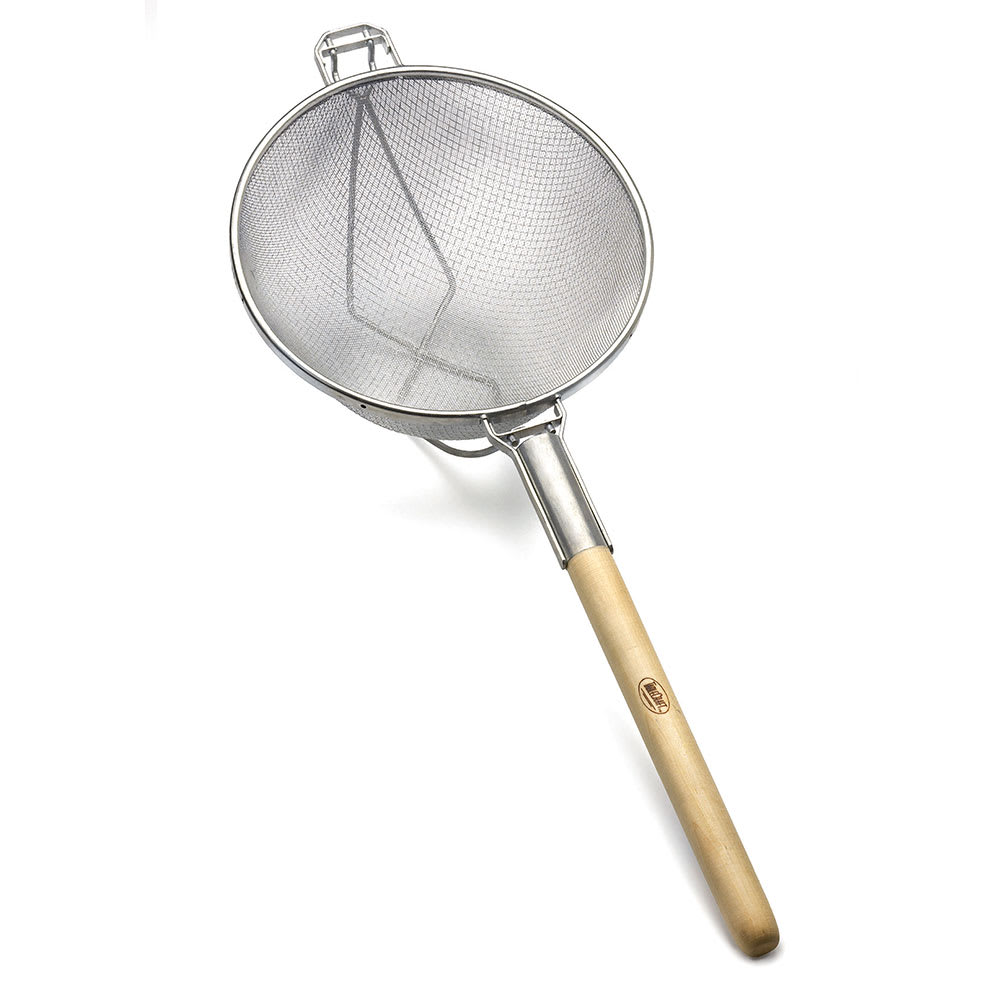 229-1023 11 3/4" Strainer w/ Flat Wooden Handle, Double Mesh, Tinned