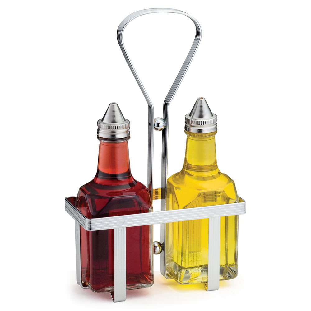 229-600N 6 oz Cruet Set w/ Chrome Rack & Stainless Steel Tops - Glass, Clear