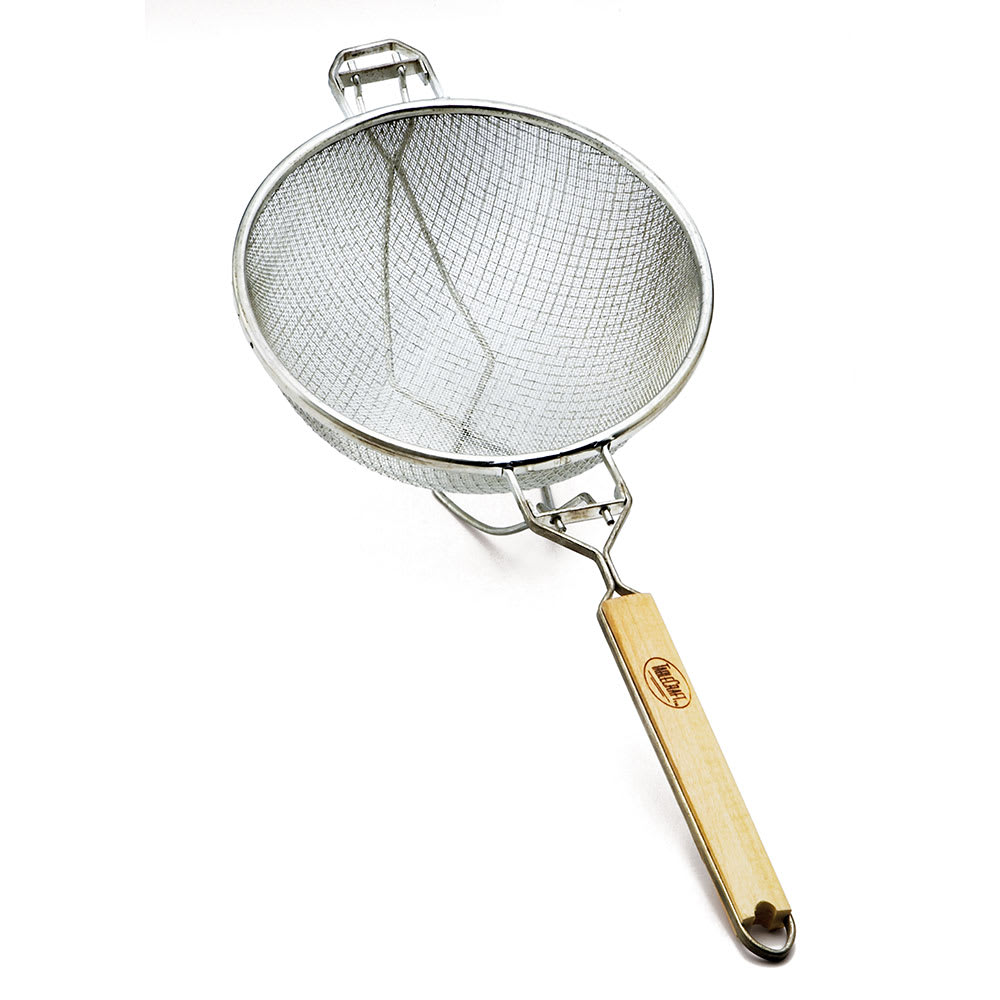 229-1021 8 3/4" Strainer w/ Flat Wooden Handle, Double Mesh, Tinned