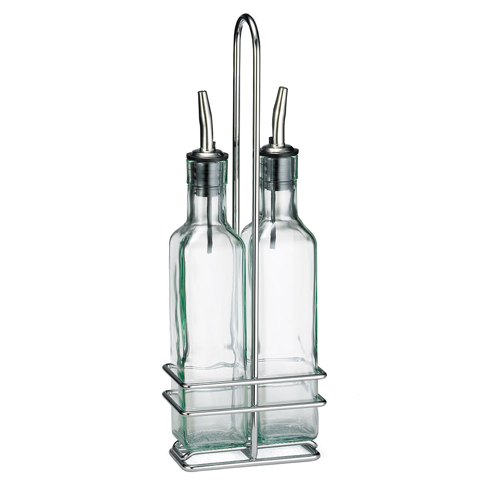 229-H9085N 8 1/2 oz Cruet Set w/ Chrome Rack & Stainless Steel Pourers - Glass, Green Tint