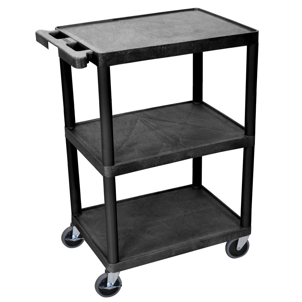 304-STC222B 3 Level Polymer Utility Cart w/ 300 lb Capacity - Raised Ledges, Black