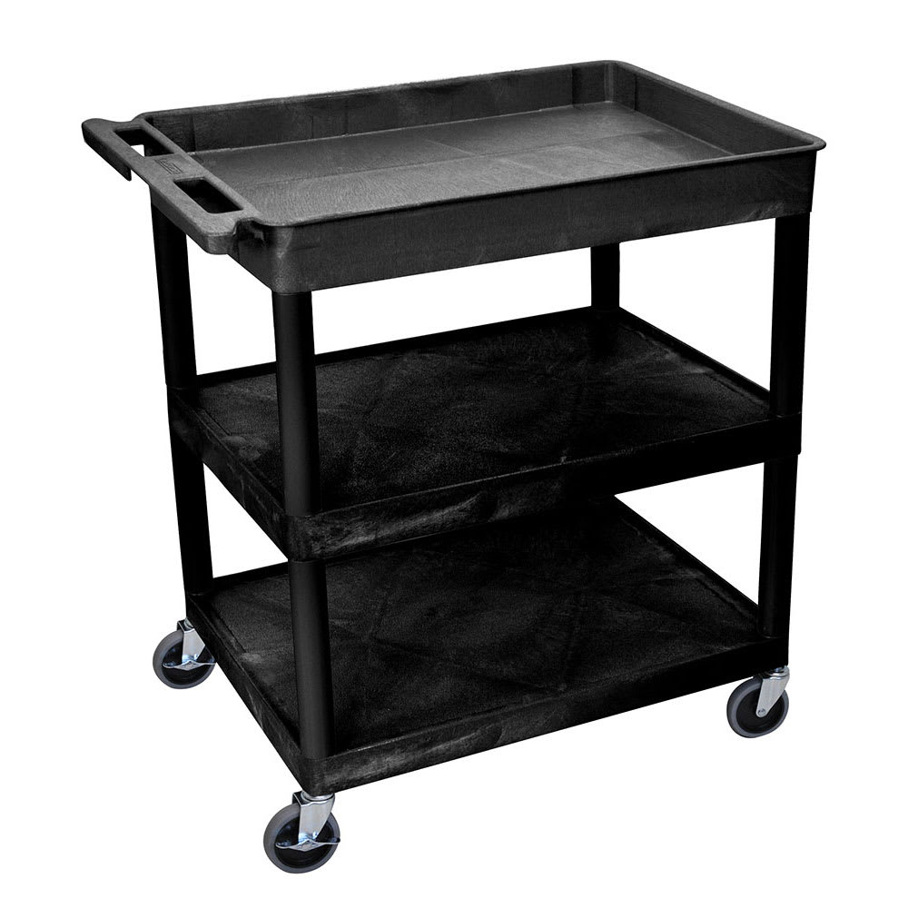 304-TC122B 3 Level Polymer Utility Cart w/ 400 lb Capacity - Raised Ledges, Black