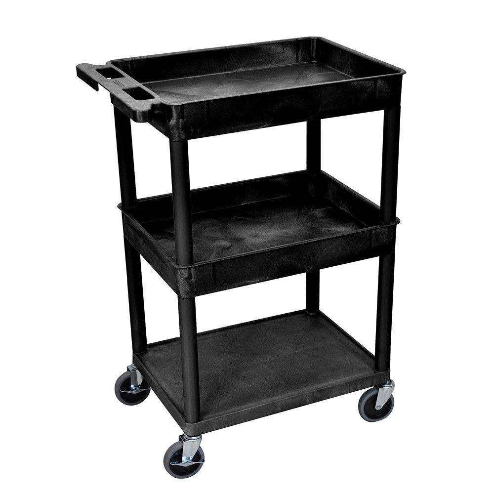 304-STC112B 3 Level Polymer Utility Cart w/ 300 lb Capacity - Raised Ledges, Black