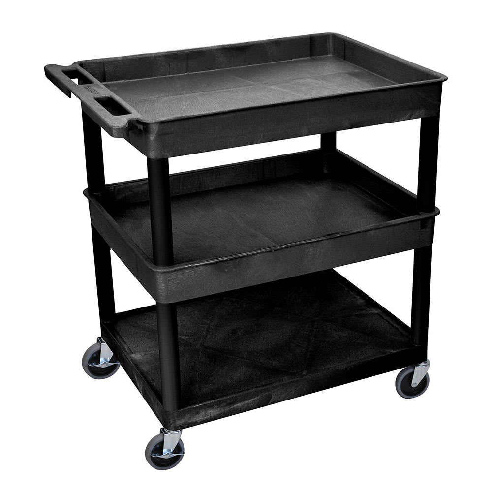 304-TC112B 3 Level Polymer Utility Cart w/ 400 lb Capacity - Raised Ledges, Black
