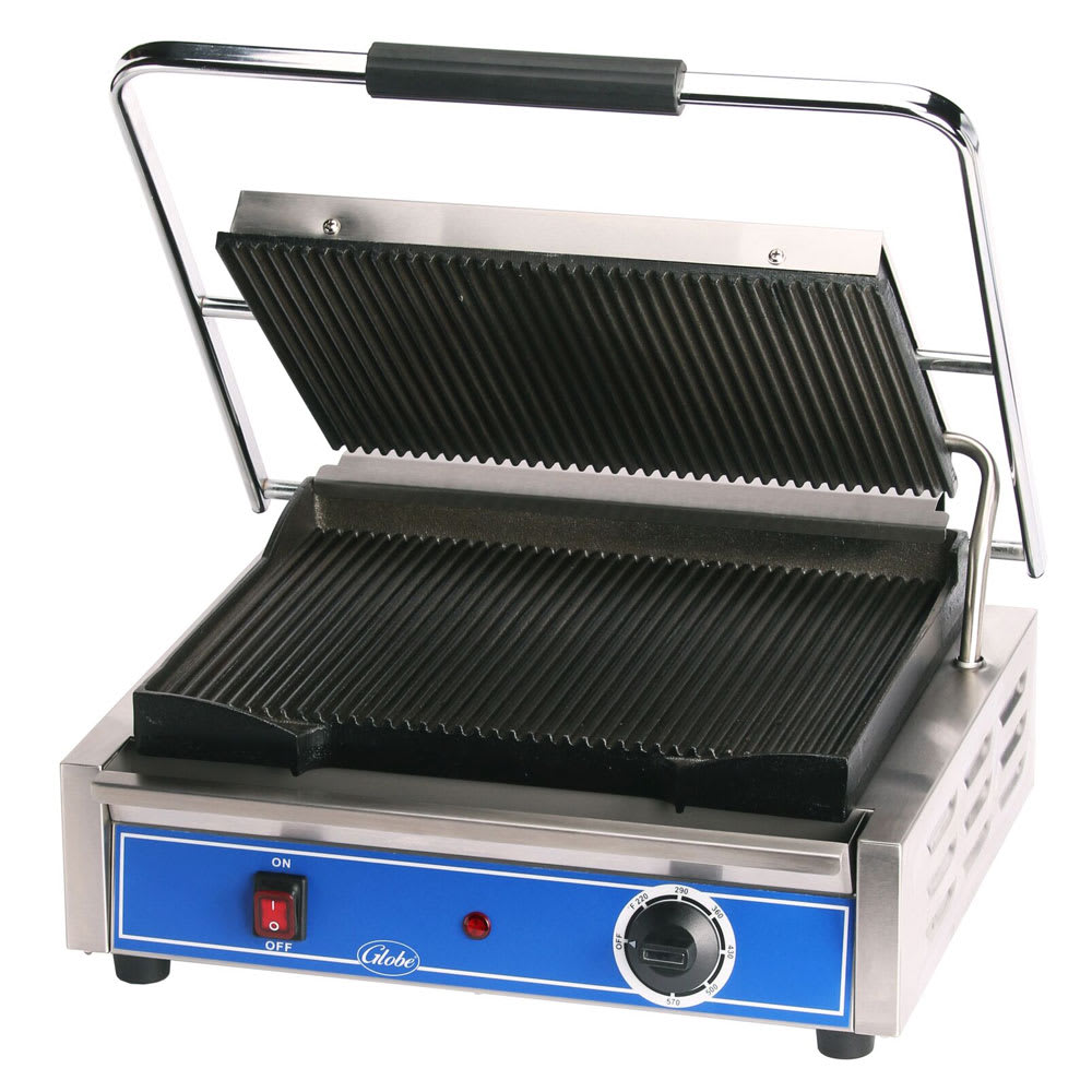 Globe GPG1410 Single Commercial Panini Press w/ Cast Iron Grooved Plates, 120v