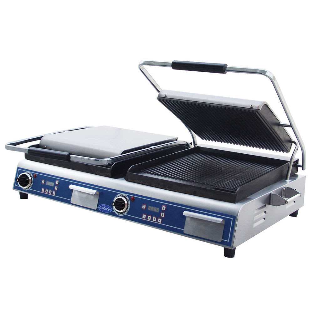 Globe GPGDUE14D Double Commercial Panini Press w/ Cast Iron Grooved Plates, 208-240v/1ph