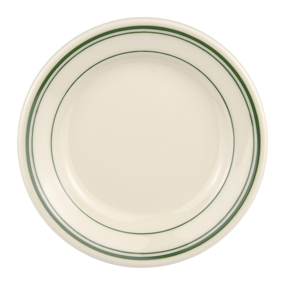 179-2011 6 1/4" Round Plate - China, Ivory w/ Green Band
