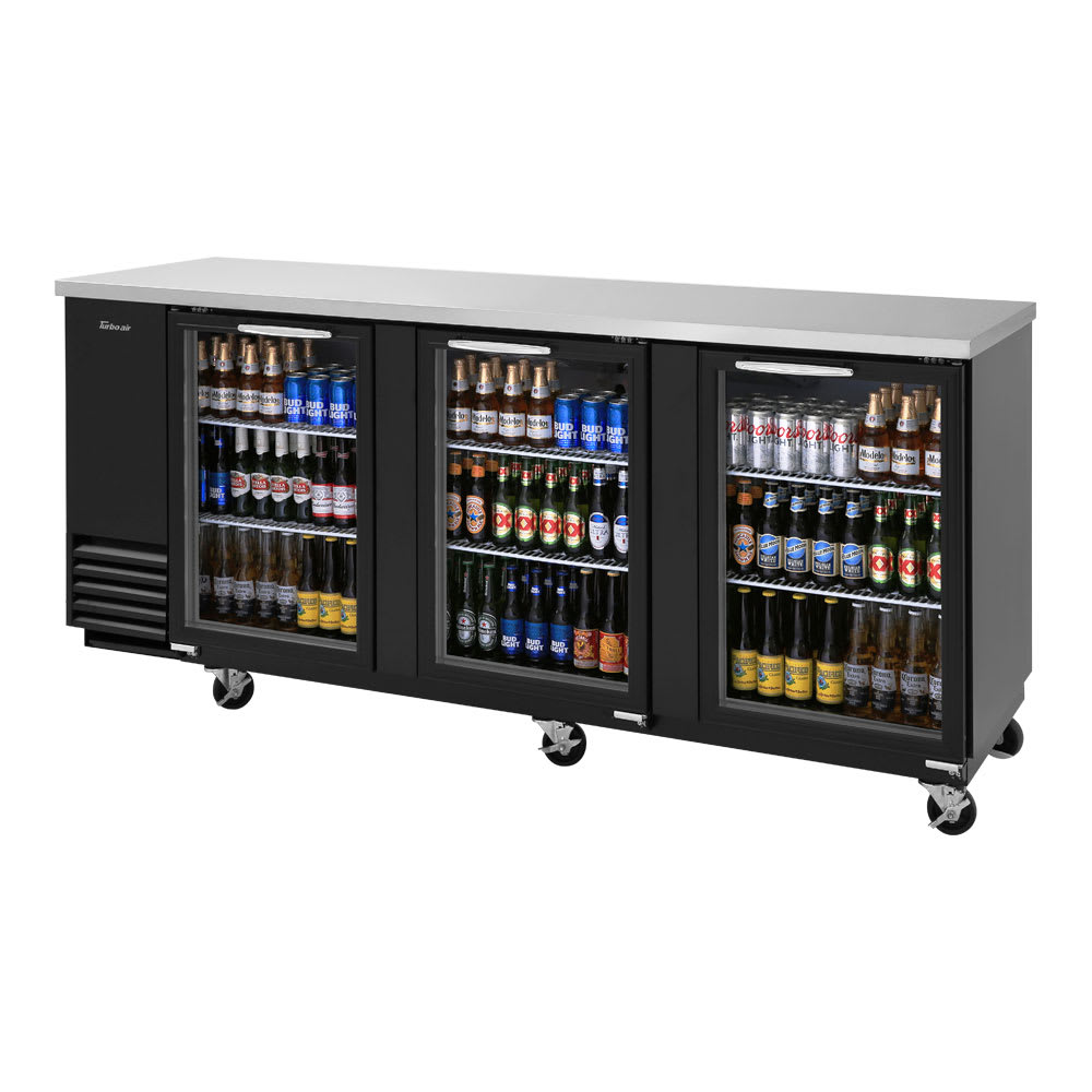 083-TBB4SGN 90" Bar Refrigerator - 3 Swinging Glass Doors, Black, 115v
