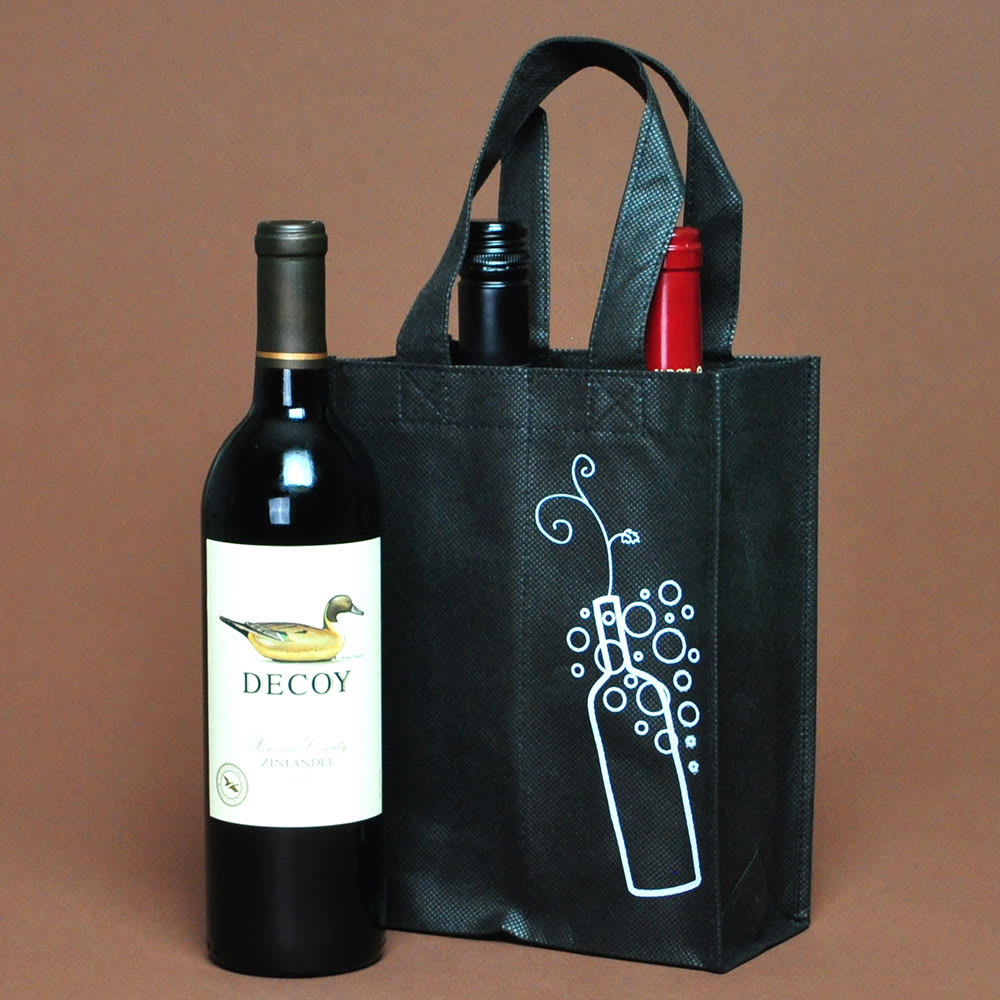 909-NW7797 Non Woven Poly 4 Bottle Wine Bag - 9 1/4" x 7 1/2" x 7", Black