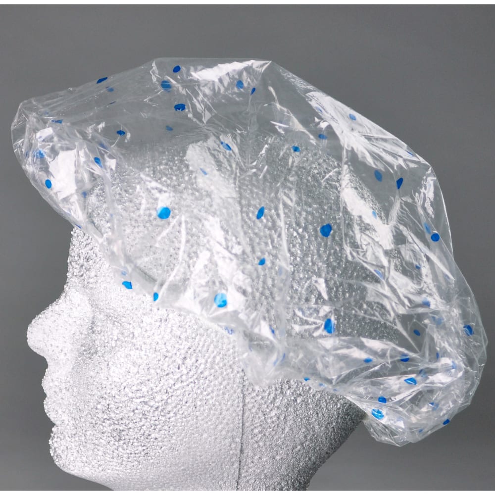 909-SC20 Shower Cap w/ Elastic Band - Poly, Clear w/ Blue Dots