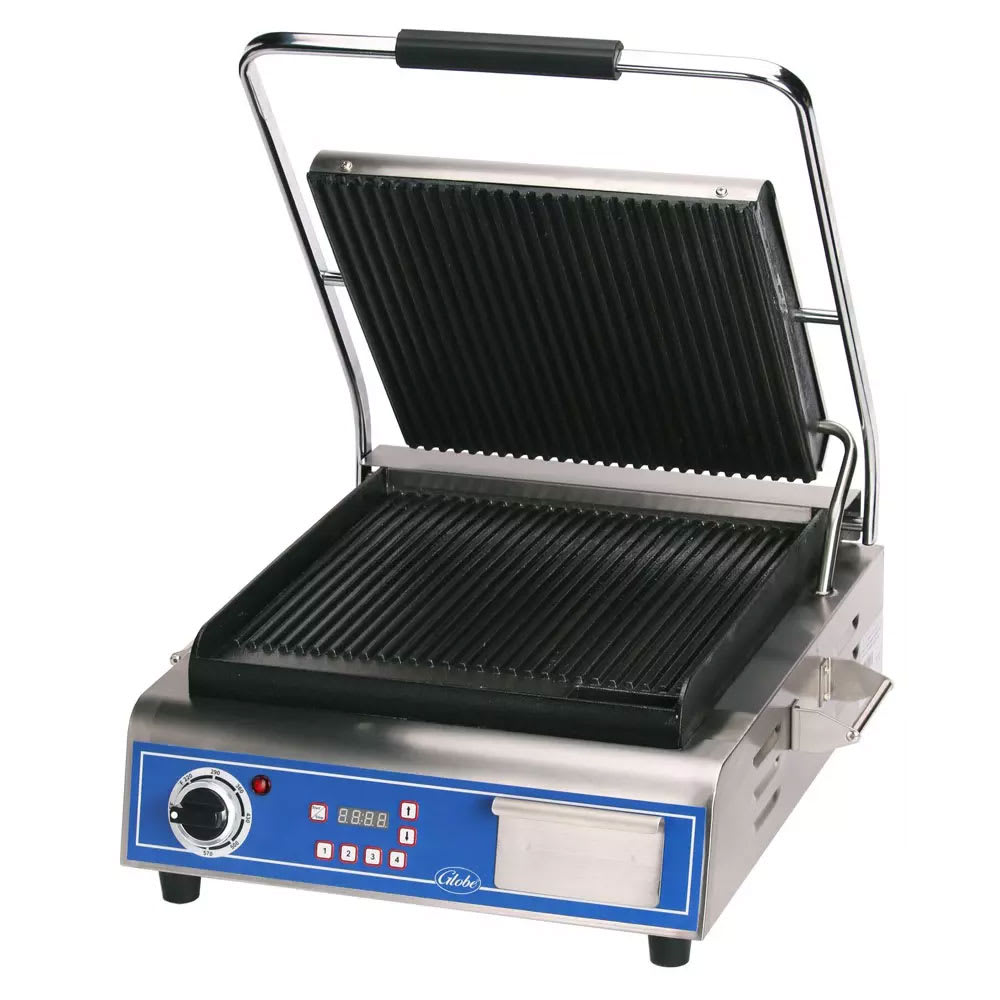 Globe GPG14D Single Commercial Panini Press w/ Cast Iron Grooved Plates, 120v