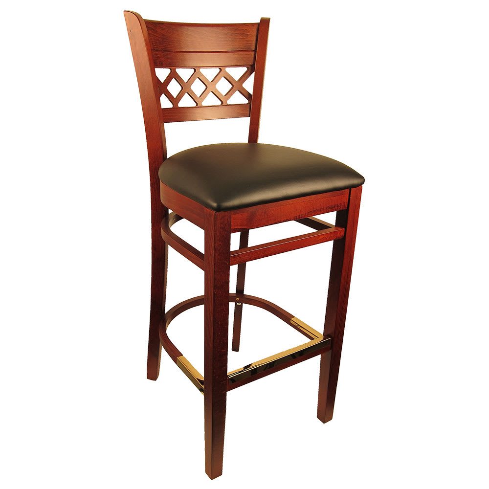 464-8230BDMBKV Bar Stool w/ Lattice Back & Black Vinyl Seat, Dark Mahogany