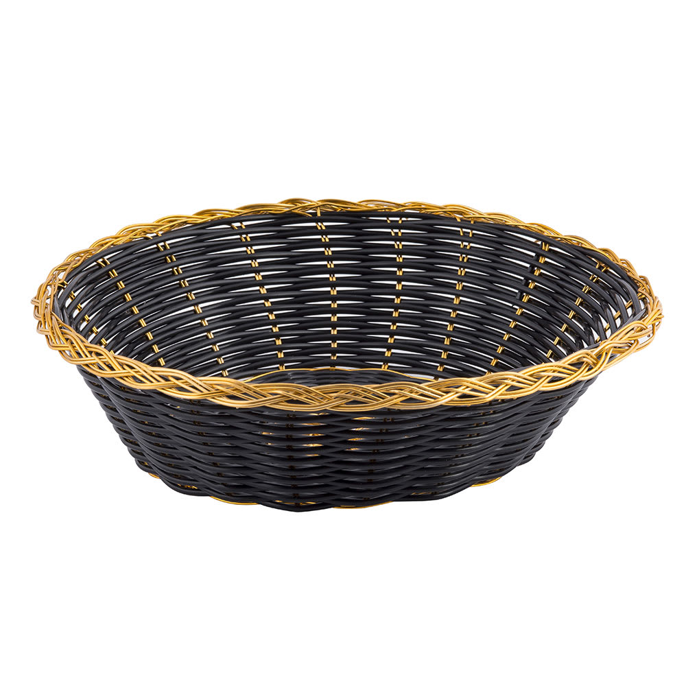 229-875B Round Handwoven Basket, 8 x 2 1/4", Black Vinyl w/ Gold Trim
